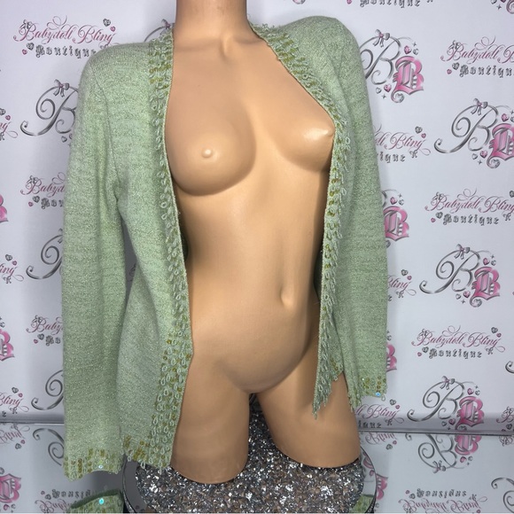 Y2k sparkly green cardigan sequins beaded glitter silver thread fairy π§ vibes - Picture 10 of 14